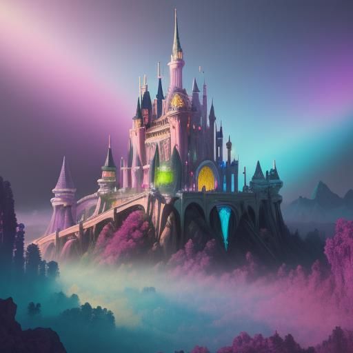 Candy Castle with Rainbow Bridge: Digital Illustration