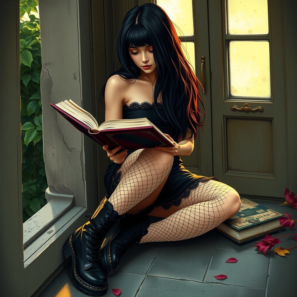 Dark Rock Goddess Lost in a Book