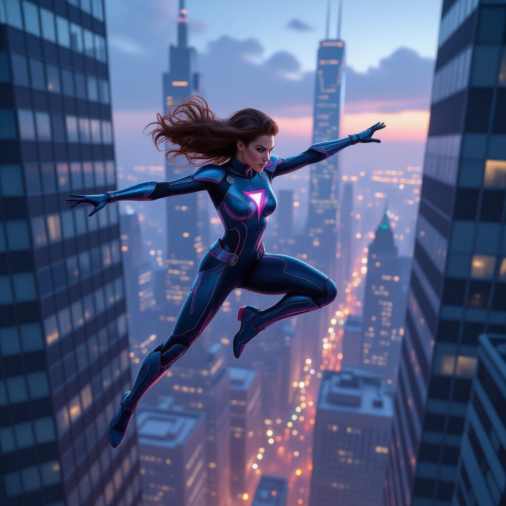 Superheroine Leaps Across Futuristic City in Art Nouveau Sty...