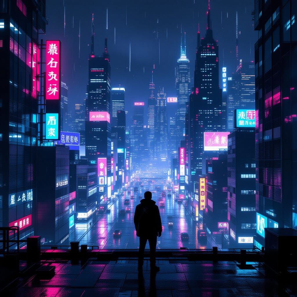 Cyberpunk City at Night with Neon Reflections