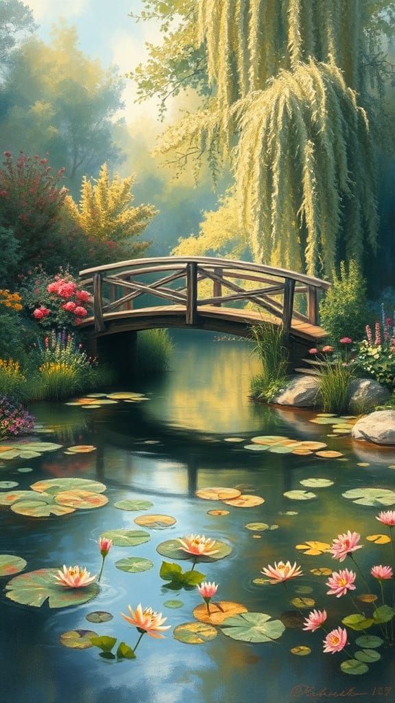 Impressionist Garden Pond Scene with Wooden Bridge