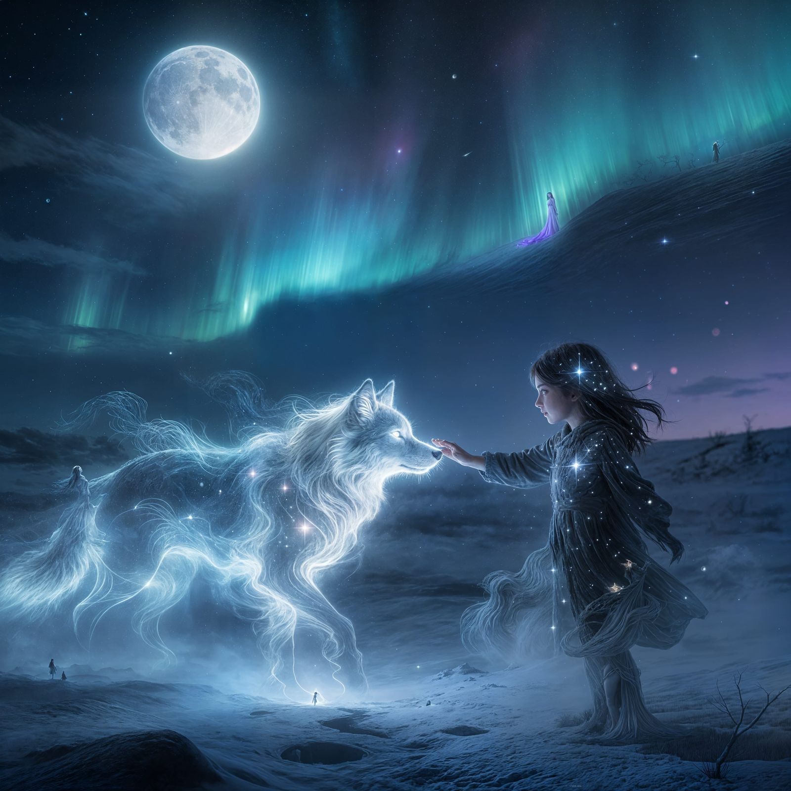 Girl Touches Moonlight Wolf Under Aurora Sky