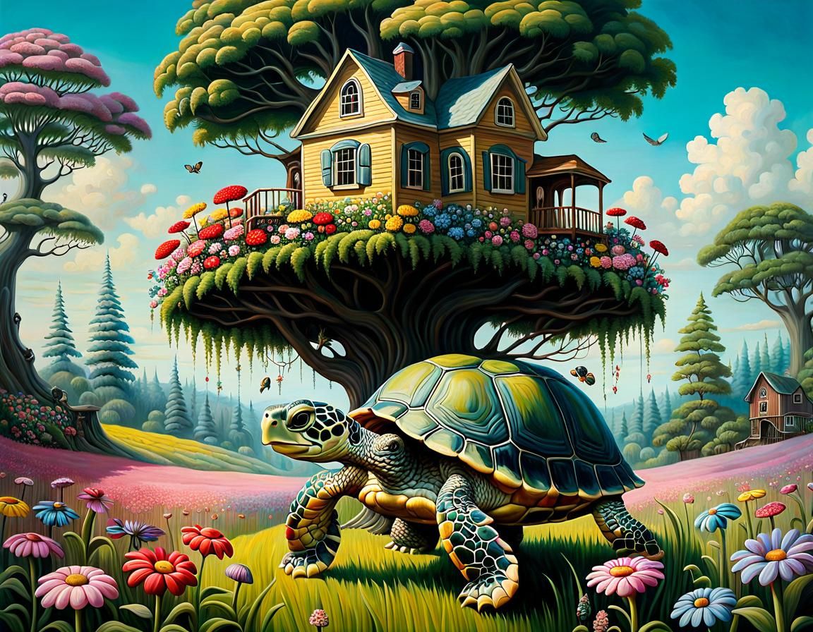 Surreal Turtle in Maximalist Flower Field