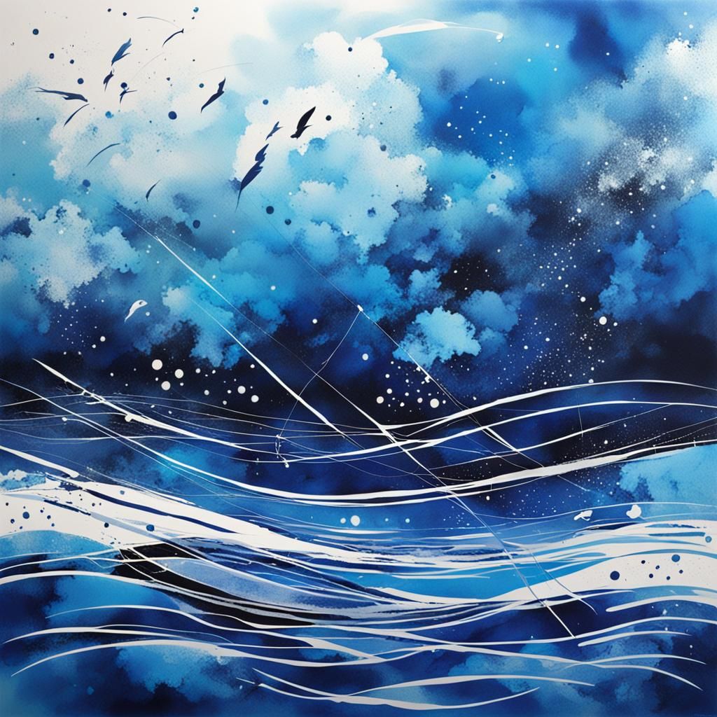 Abstract Blue Ocean Storm with Starlight
