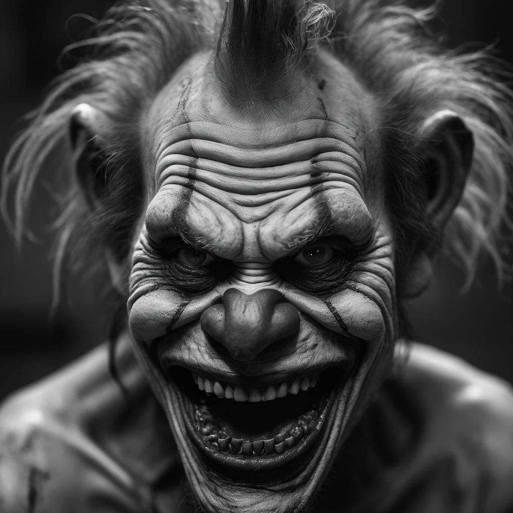 Menacing Zombie Monkey Clown in Black and White