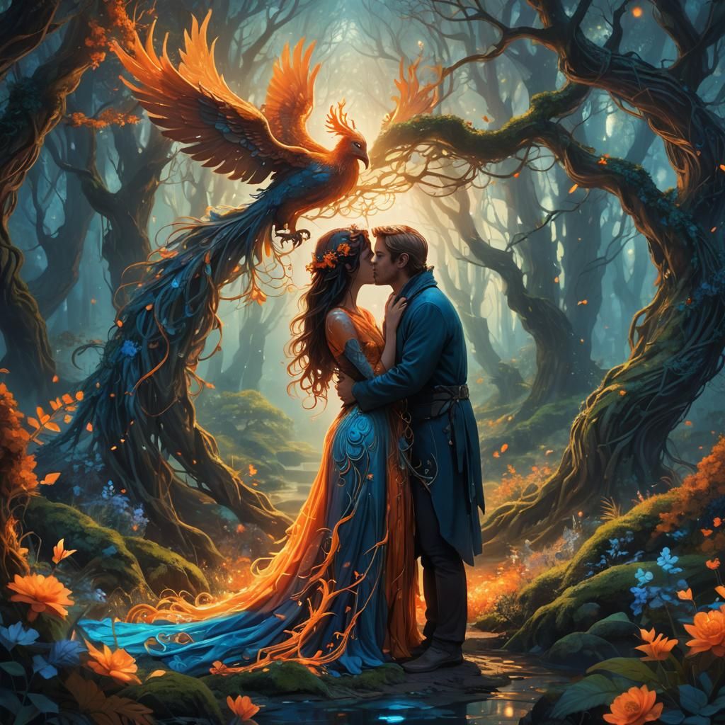 Lovers Kissing in Mystical Forest Concept Art