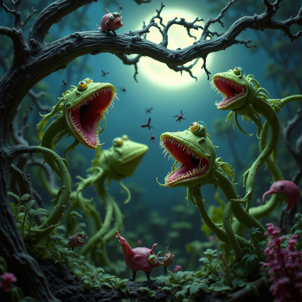 Carnivorous Plants Sing in Moonlit Greenhouse, Claymation St...