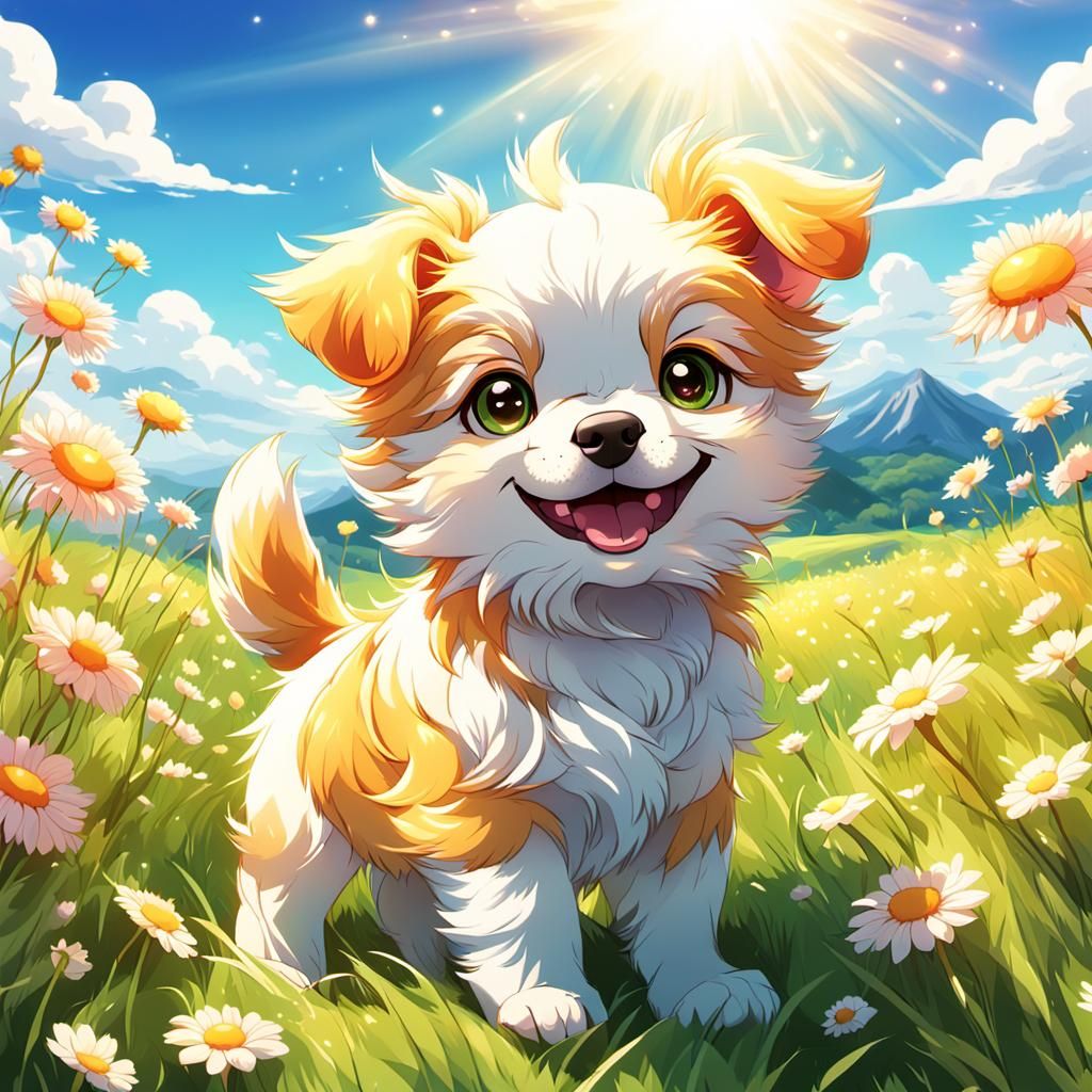 Cute Anime Puppy in Sunny Meadow: Manga Style