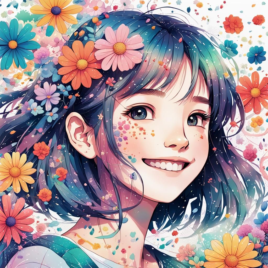 Anime Girl Surrounded by Colorful Flower Doodles
