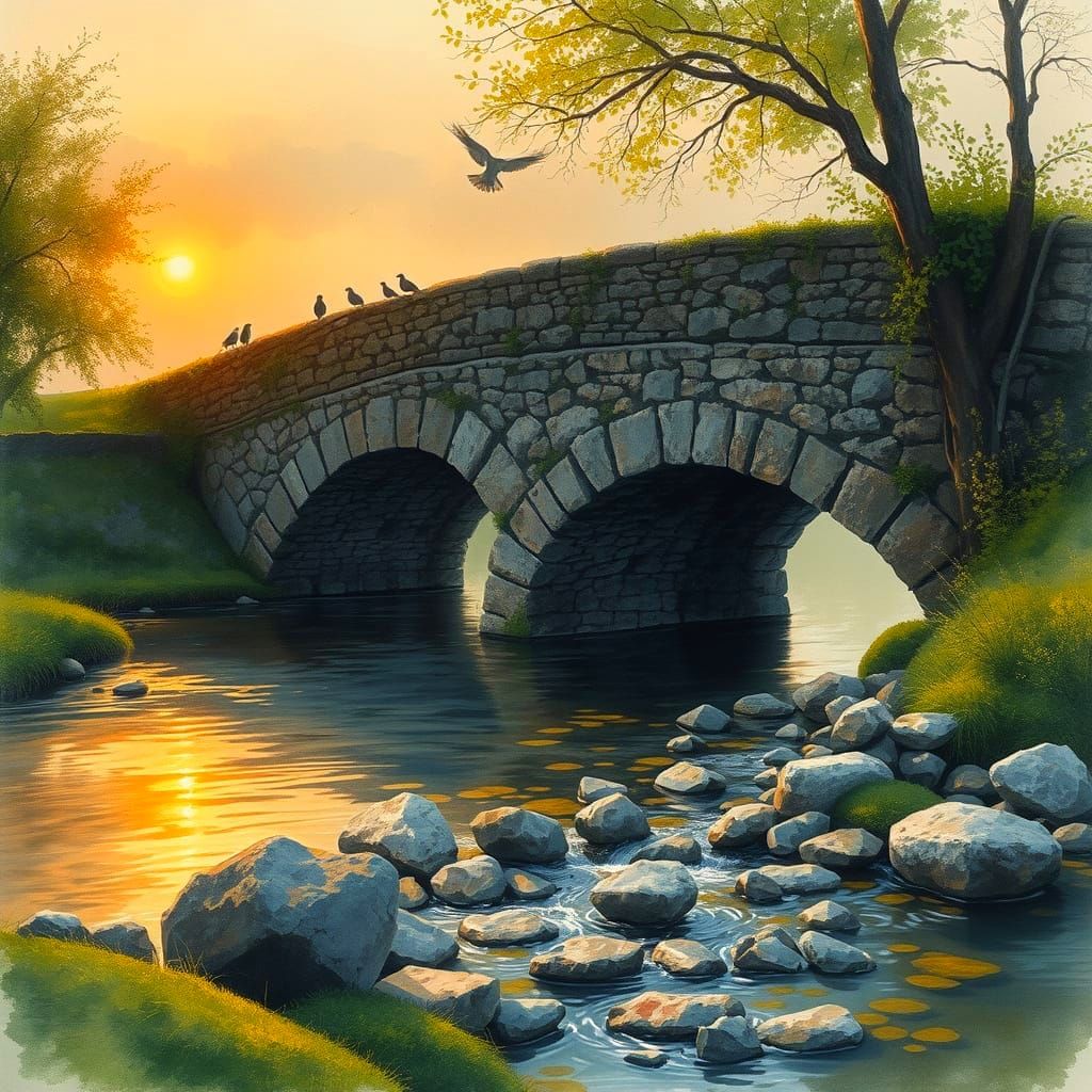 Sunset Over Old Stone Bridge in Watercolour Style