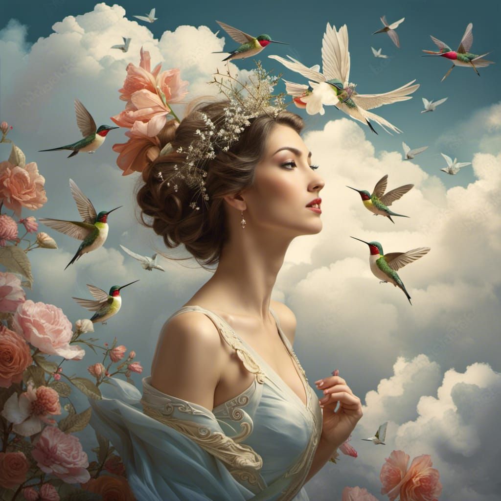 Ethereal Girl with Hummingbirds in Cloudy Fantasy