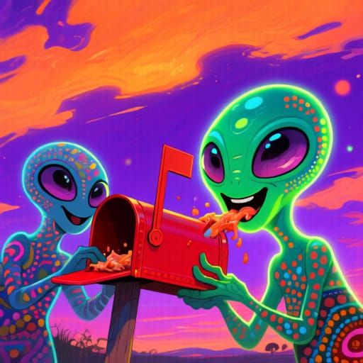 Vibrant Aliens Devour Mailbox in Surreal Sky