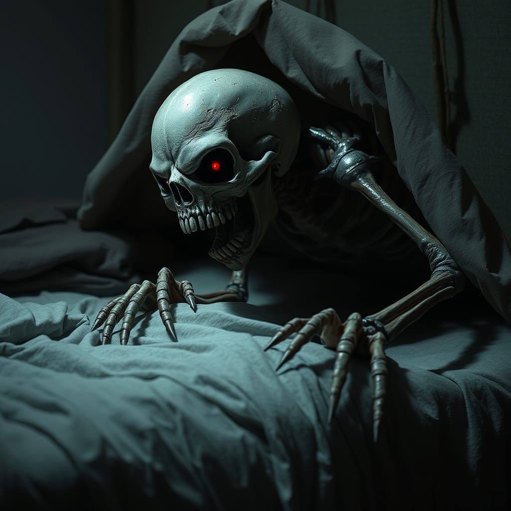 creepy skull monster crawling from under the bed, photograph...