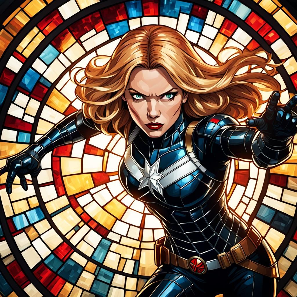 Stained Glass Mosaic of a Blonde Superheroine