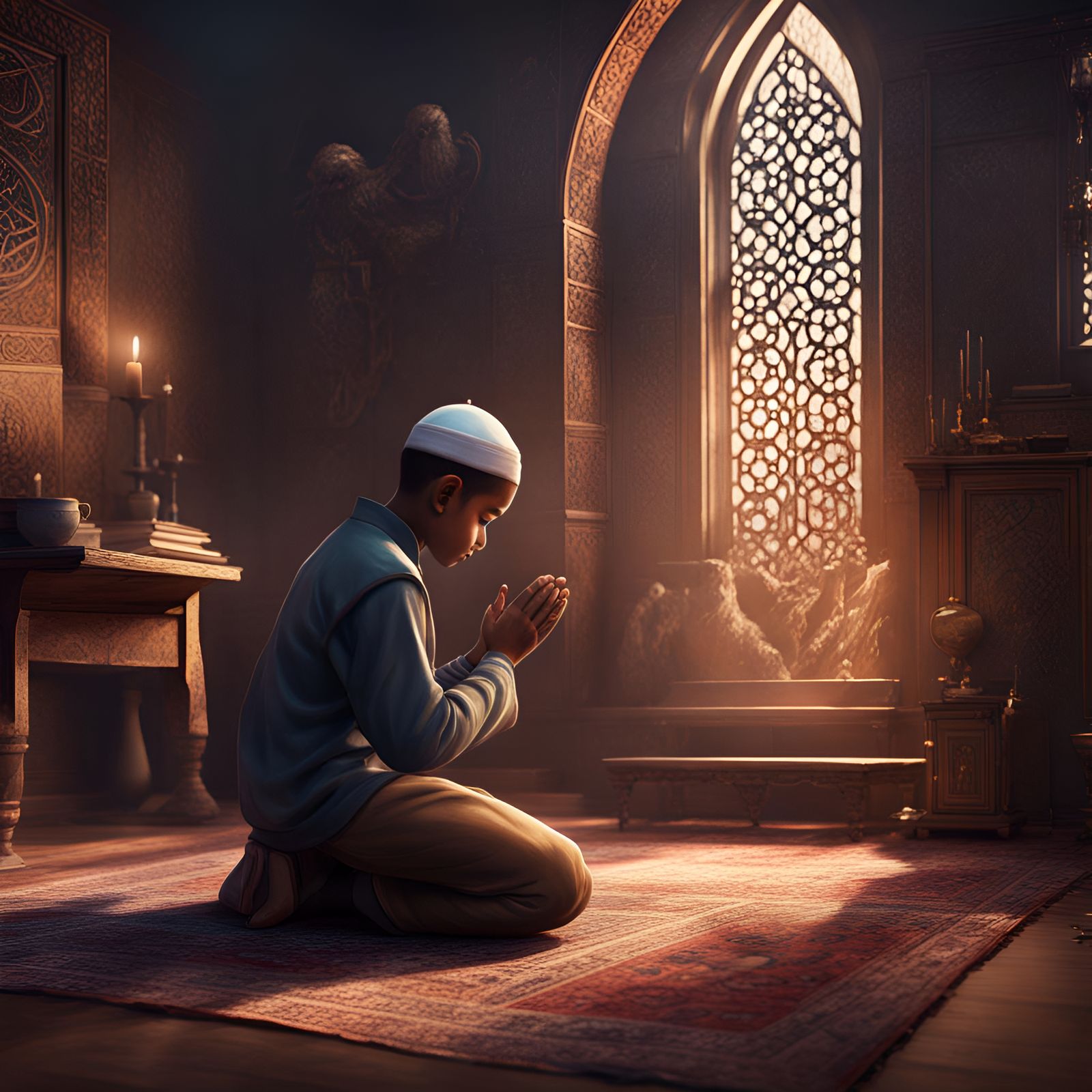 American Muslim Boy Praying: Detailed Matte Painting