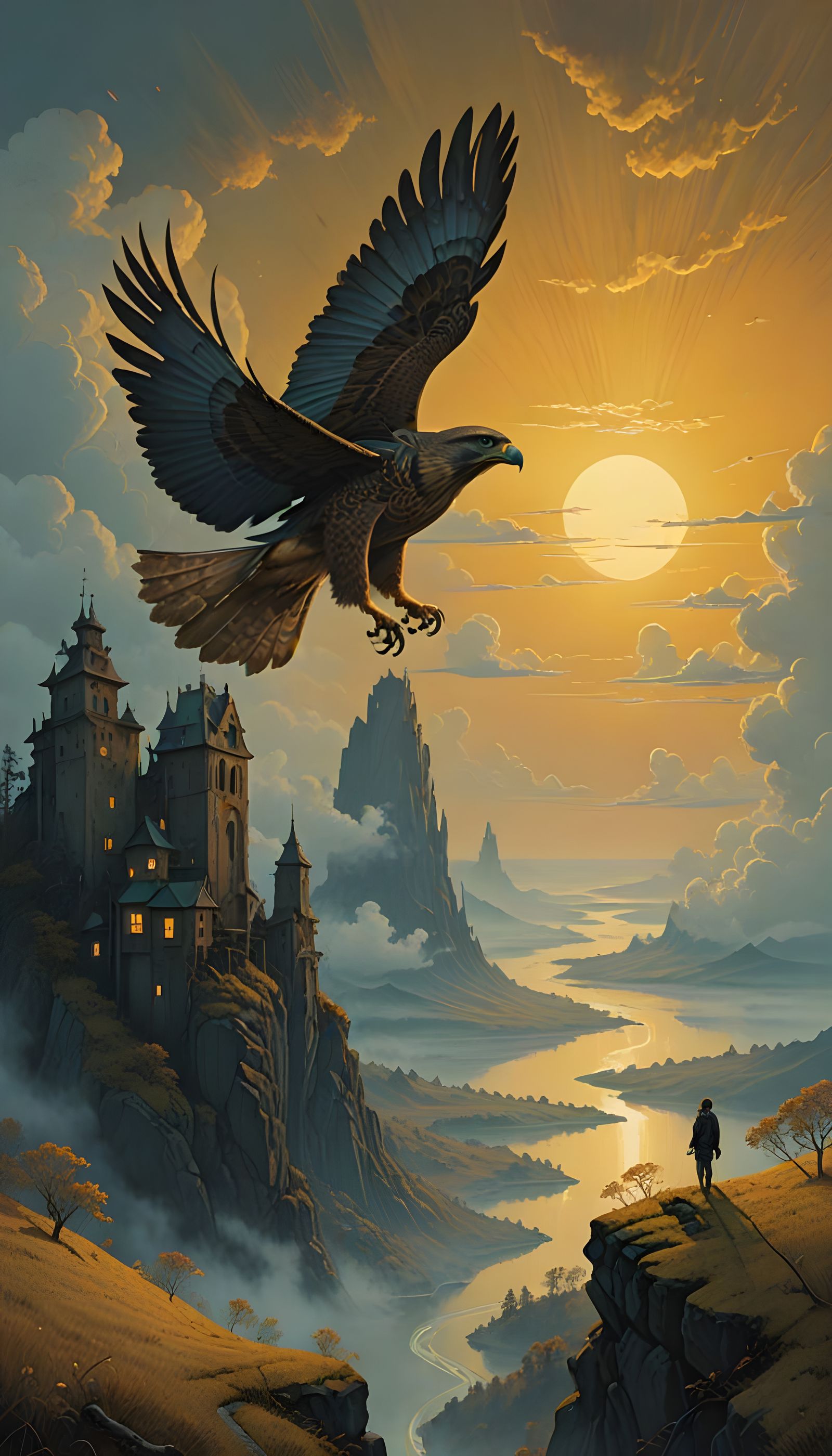 Majestic Falcon Soars Above Golden Sunrise in Spiritual Land...