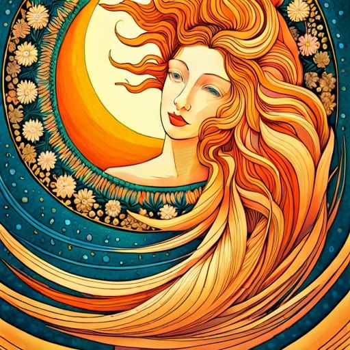 Celestial Woman in Surreal Sun and Moon Star