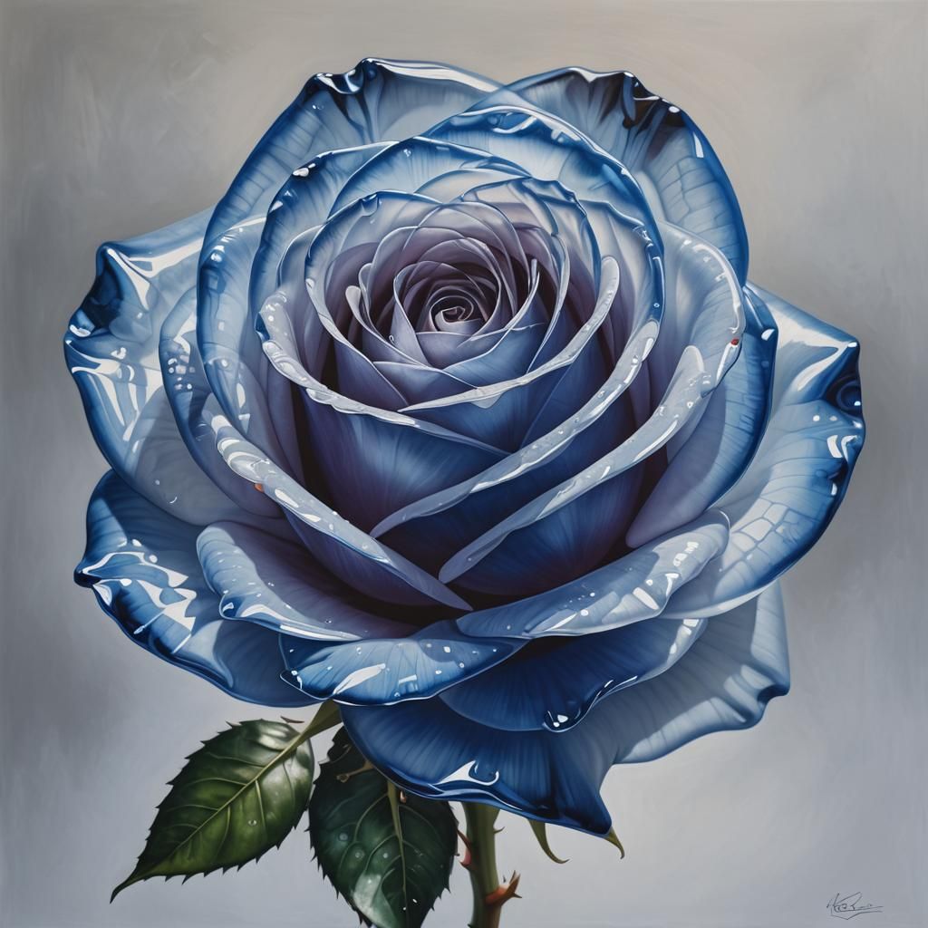 Cobalt Blue Glass Rose Hyperrealistic Painting