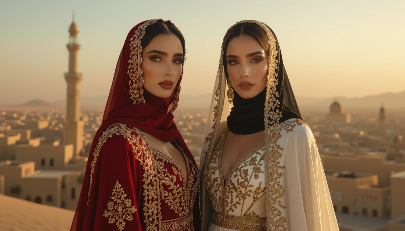 Arab Women in Haute Couture in Cinematic Cityscape