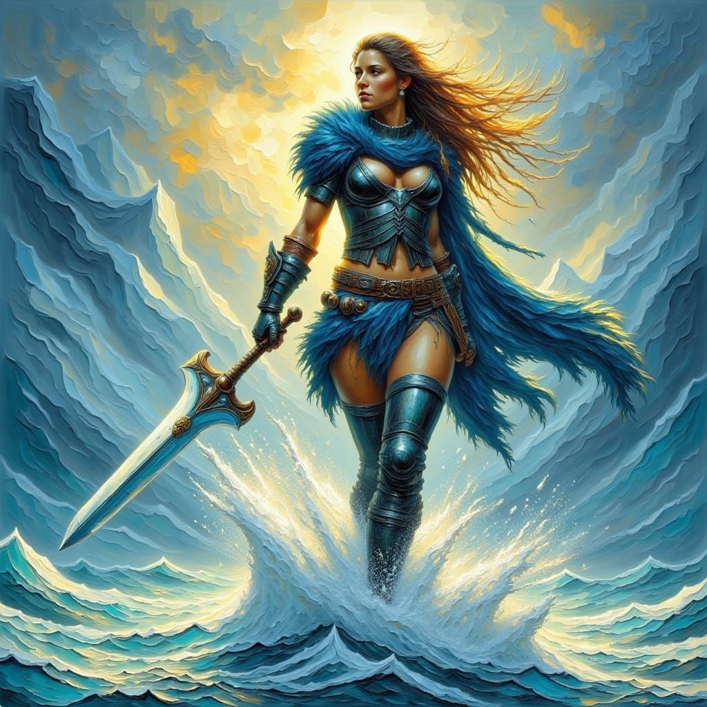 Female Barbarian Warrior with Ice Sword, Impasto Oil Paintin...