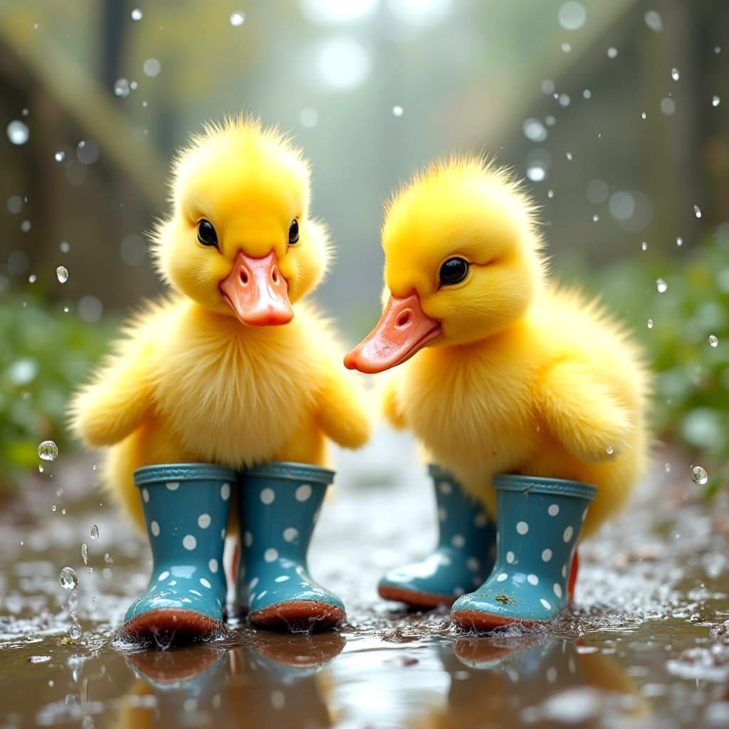 Whimsical Duckling Scene in a Cobblestone Lane