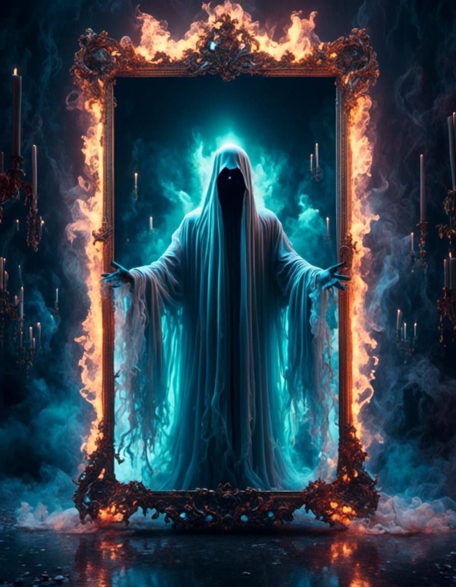 Eerie Ghost Emerges from Mirror in Fantasy Art