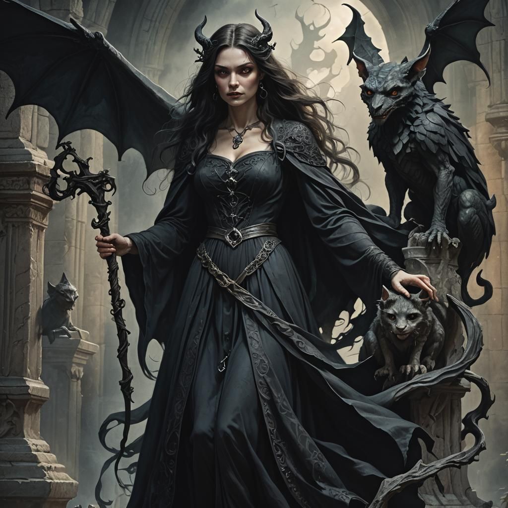 Witch and Gargoyle in Dark Fantasy Illustration