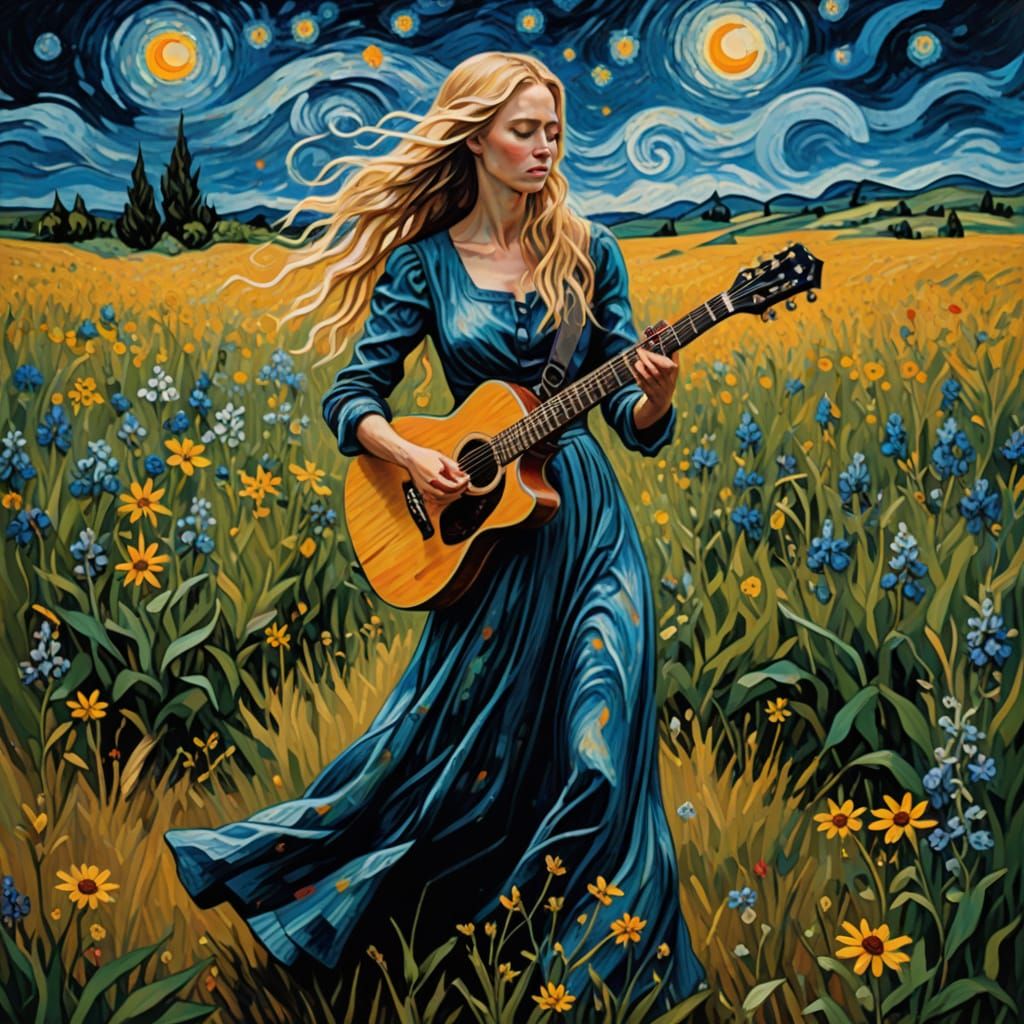 Woman Playing Guitar in Field, Van Gogh Style