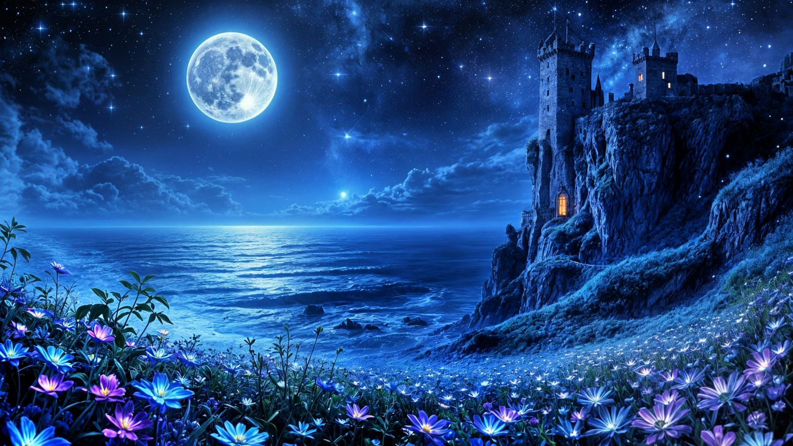 Cosmic Castle Ruin Overlooks Ocean at Night in Vibrant Neon