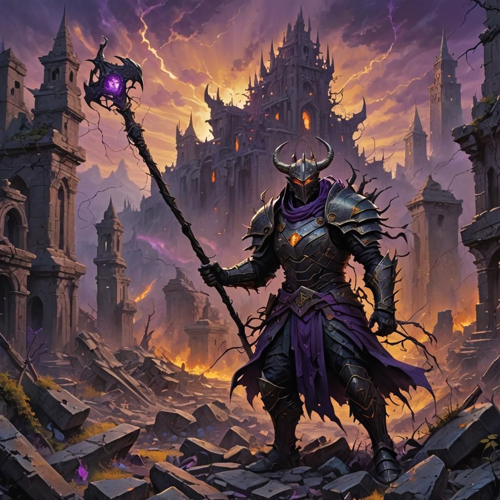 Destroyer in Ruined Cityscape: Dark Fantasy Oil Painting