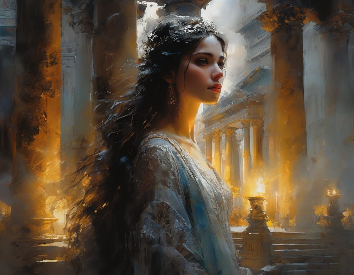 Woman in Roman Temple: Detailed Watercolor Painting