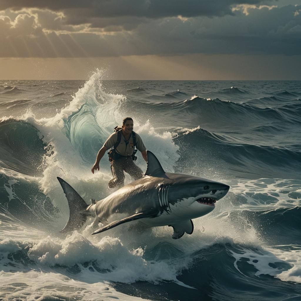 Man Rides Great White Shark: Cinematic Film Still