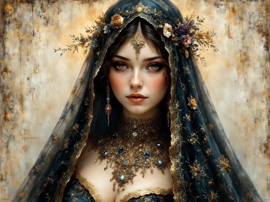 Ethereal Woman in Ornate Veil with Ancient, Mystical Accents