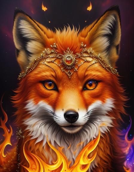 Glittery Fluffy Fox with Amber Eyes in Surreal Flames