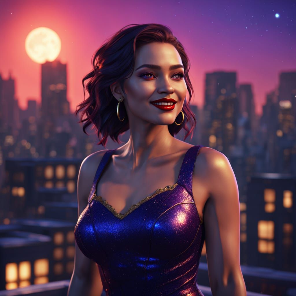 Stunning Superhero on Rooftop in Vibrant Starlight