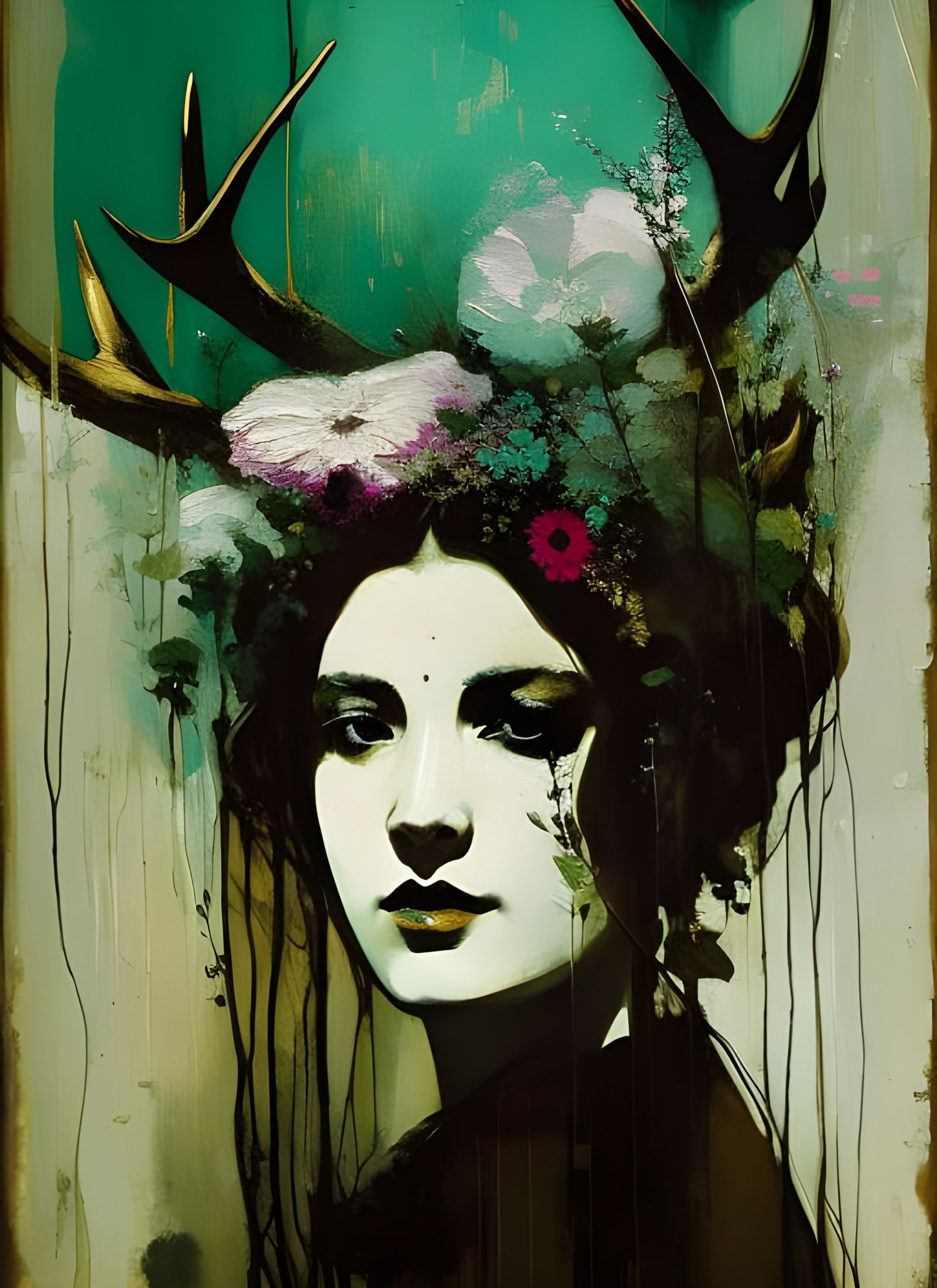 Ghostly Woman with Antlers and Flowers Portrait