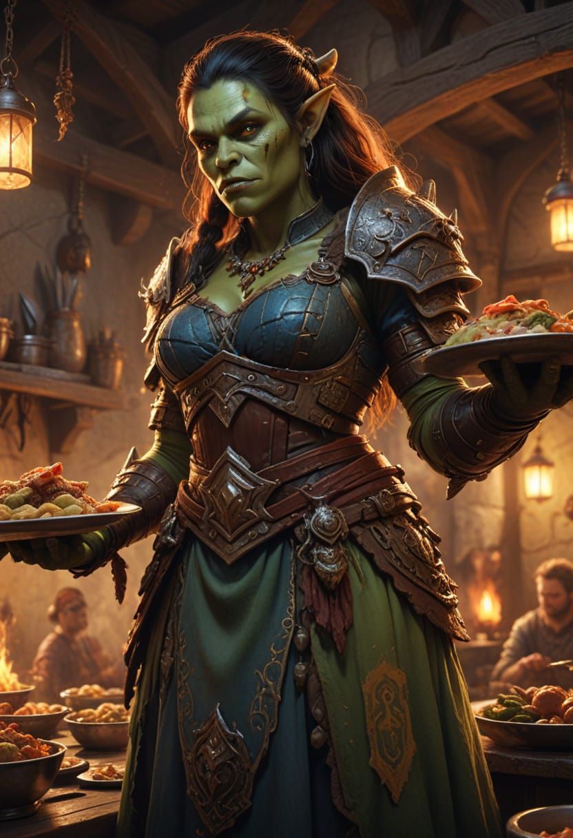 Orc Waitress Serving Food in Medieval Style