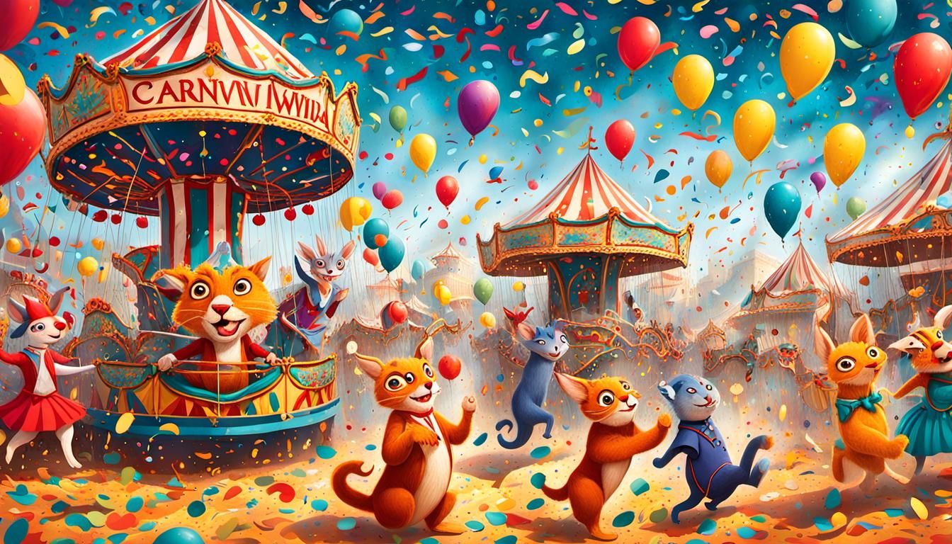 Whimsical Carnival Scene with Confetti Showers