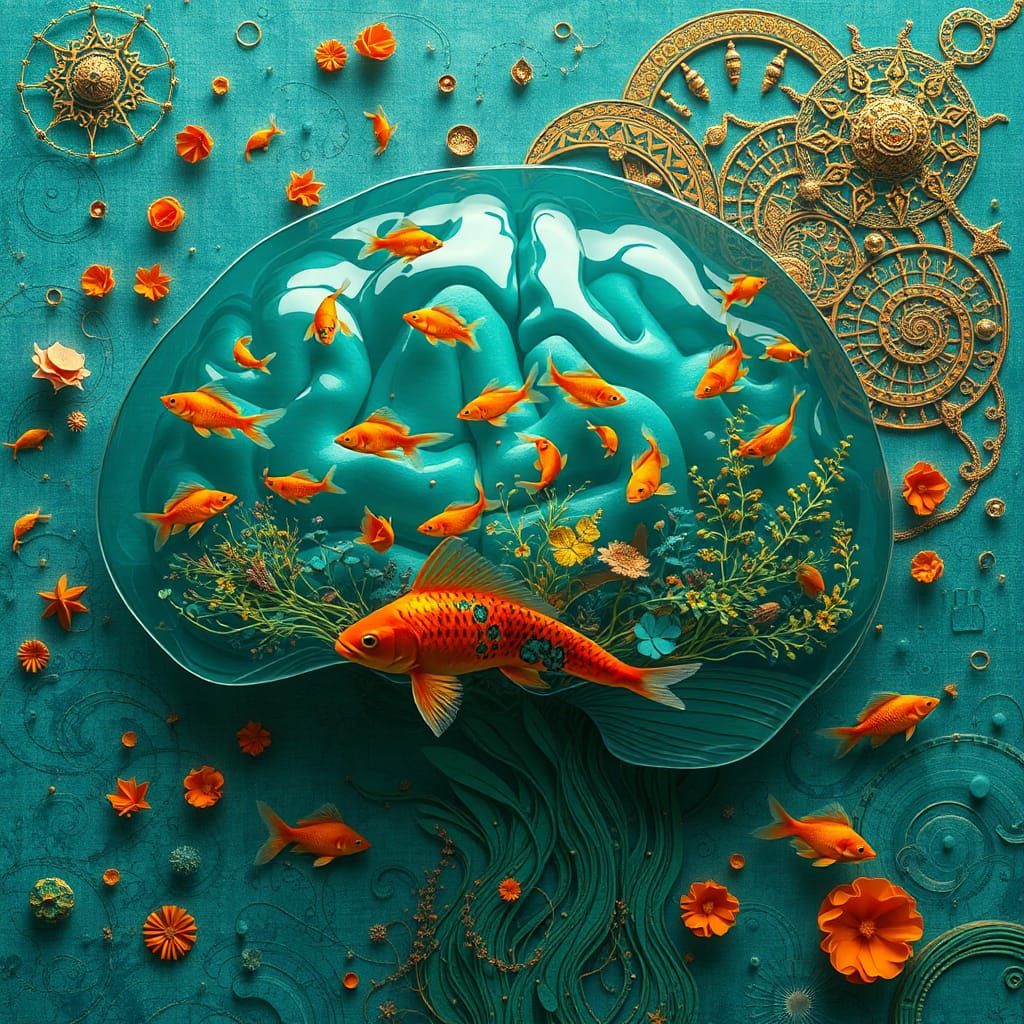 Surreal Teal Brainscape with Orange Fish