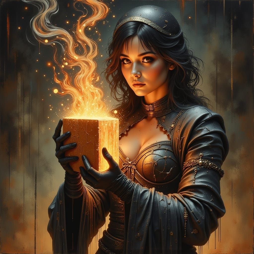 Surreal Dream: Woman Holding Glowing Brick