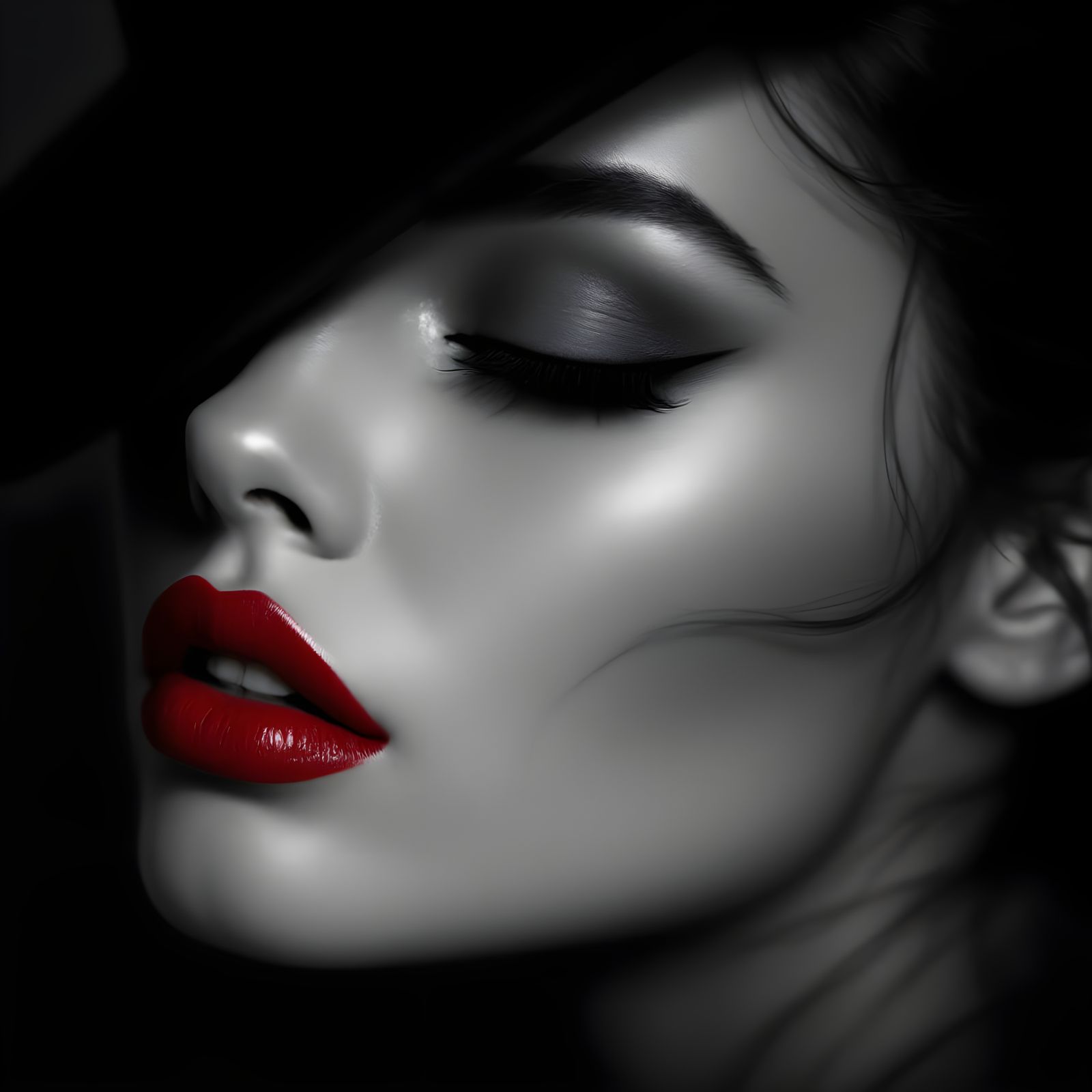 Art Noir Portrait with Ruby Lipstick and Pillbox Hat