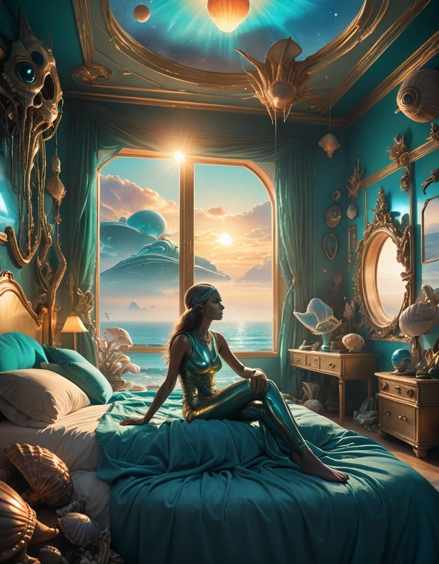 Colorful Alien Bedroom Overlooking Misty Ocean