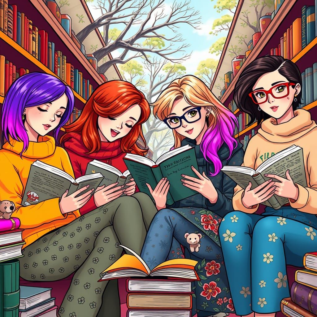 Library Book Lovers Day: Women Reading in Vibrant Library