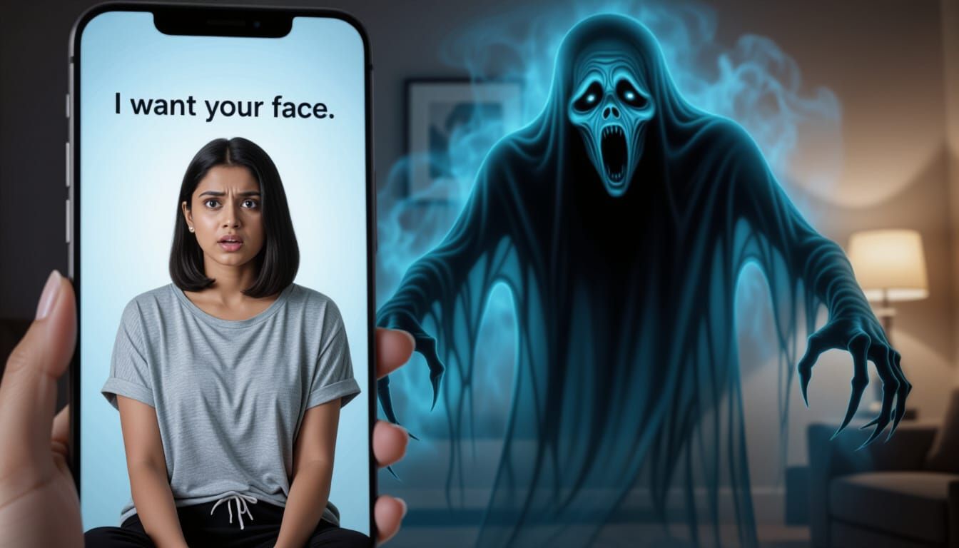 Terrified Woman's Reflection as Ghost Appears on Phone Scree...