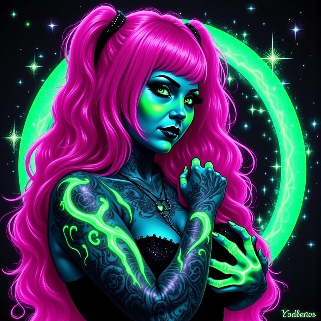 Goth Woman with Neon Tattoos in Alcohol Ink Style