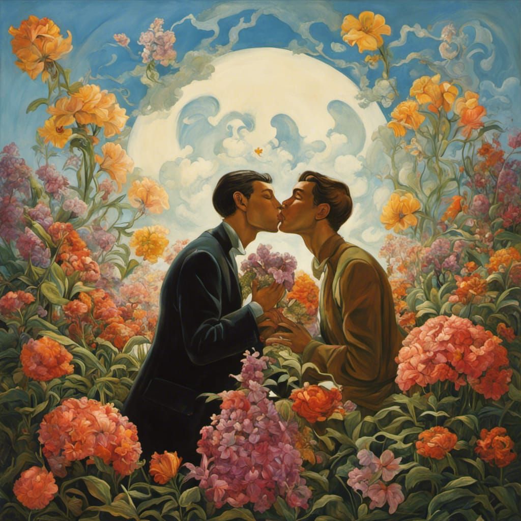 Men Kissing Surrounded by Flowers, Expressionist Art