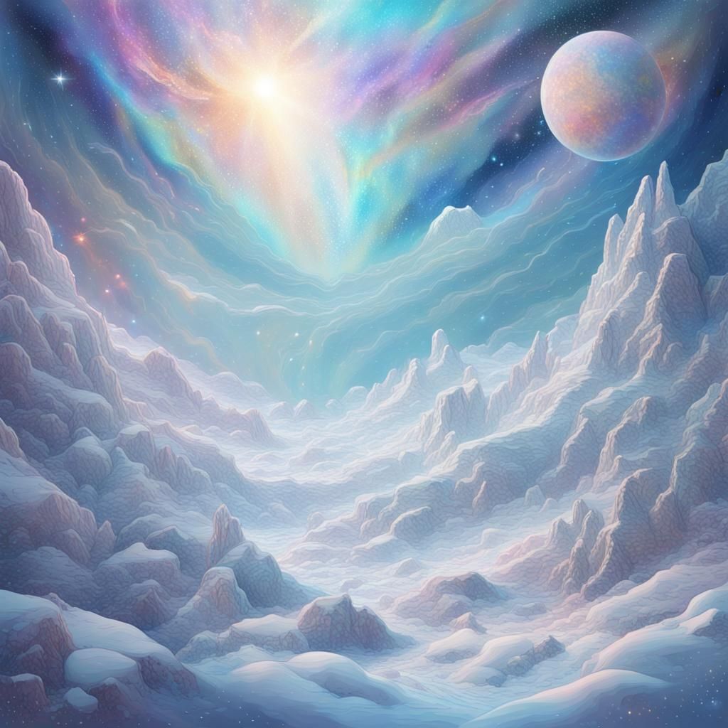 Holographic Cosmic Snowscape Illustration in Mixed Media