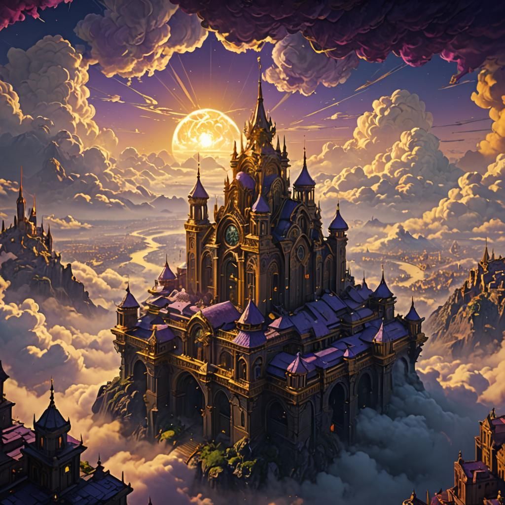 Golden City Above Clouds in Dark Fantasy Style