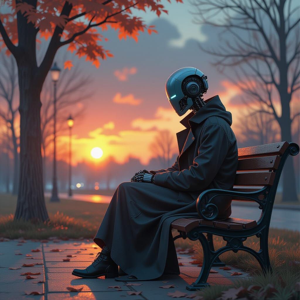 Melancholic Android Gazing at Digital Sunset in Dystopian Ar...