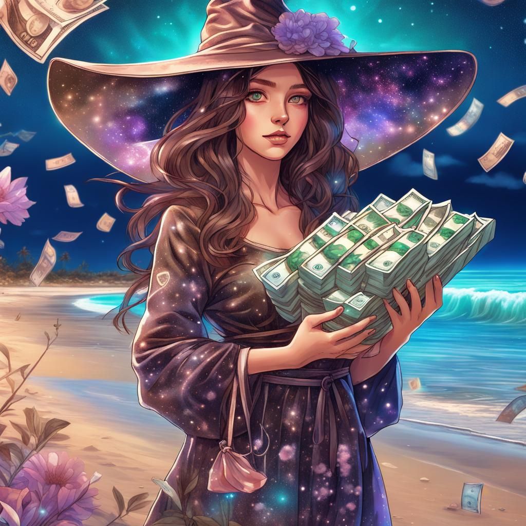 Anime Witch on Beach with Money, Astral Illustration